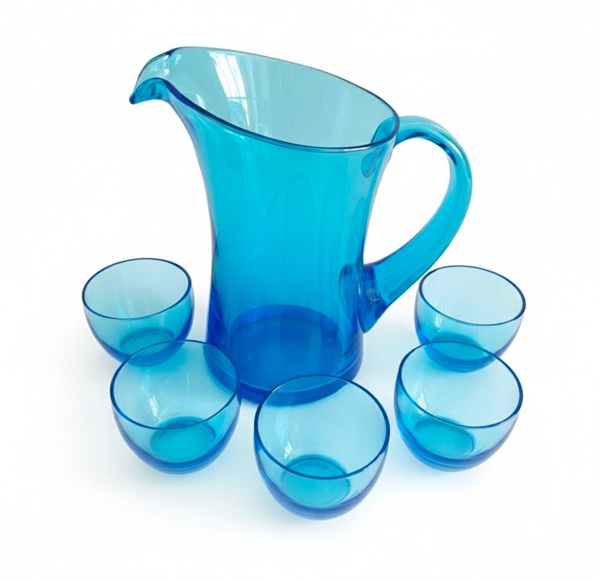 Vintage, turquaz renkli su takımı. 
Sürahi ve beş ad bardak. - Görsel 2
