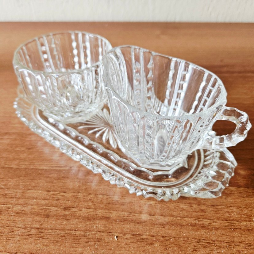 Vintage, Alman, kristal, tepsili, sütlük ve şekerlik. - Görsel 3