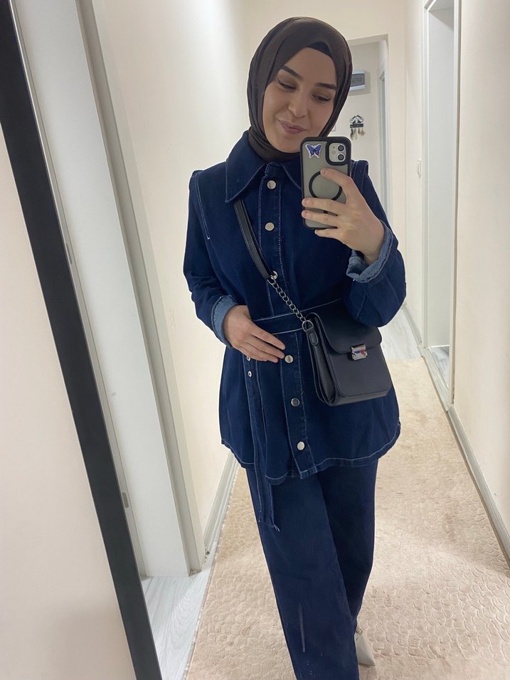 Kadın Lacivert Kuşaklı Denim Ceket - Görsel 2