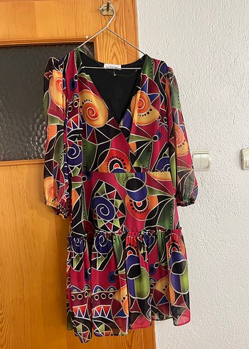 Bohem Renkli Desenli V Yaka Mini Elbise - Görsel 2