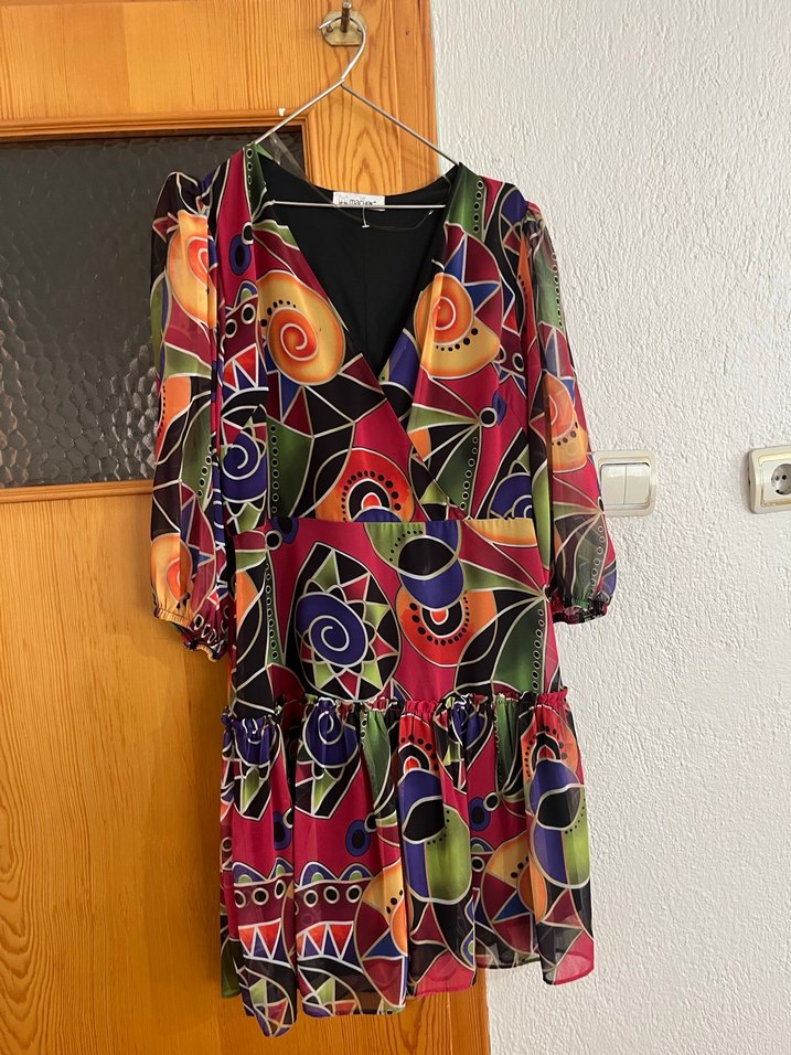 Bohem Renkli Desenli V Yaka Mini Elbise - Görsel 2