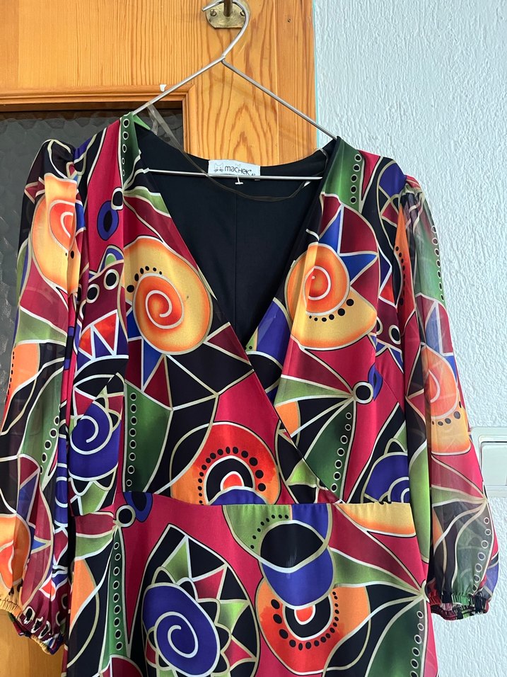 Bohem Renkli Desenli V Yaka Mini Elbise - Görsel 3