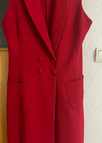 Kırmızı Düğmeli Uzun Kadın Yelek - Görsel 4