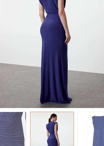 Lacivert Drapeli V Yaka Uzun Elbise - Görsel 2