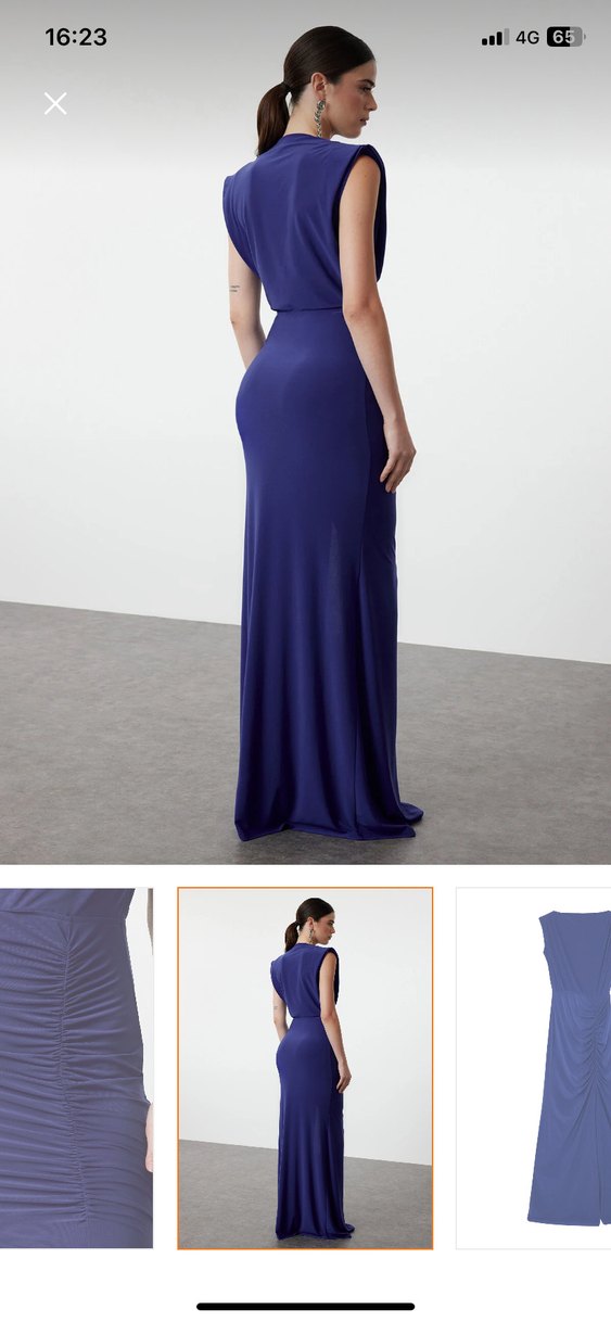 Lacivert Drapeli V Yaka Uzun Elbise - Görsel 2