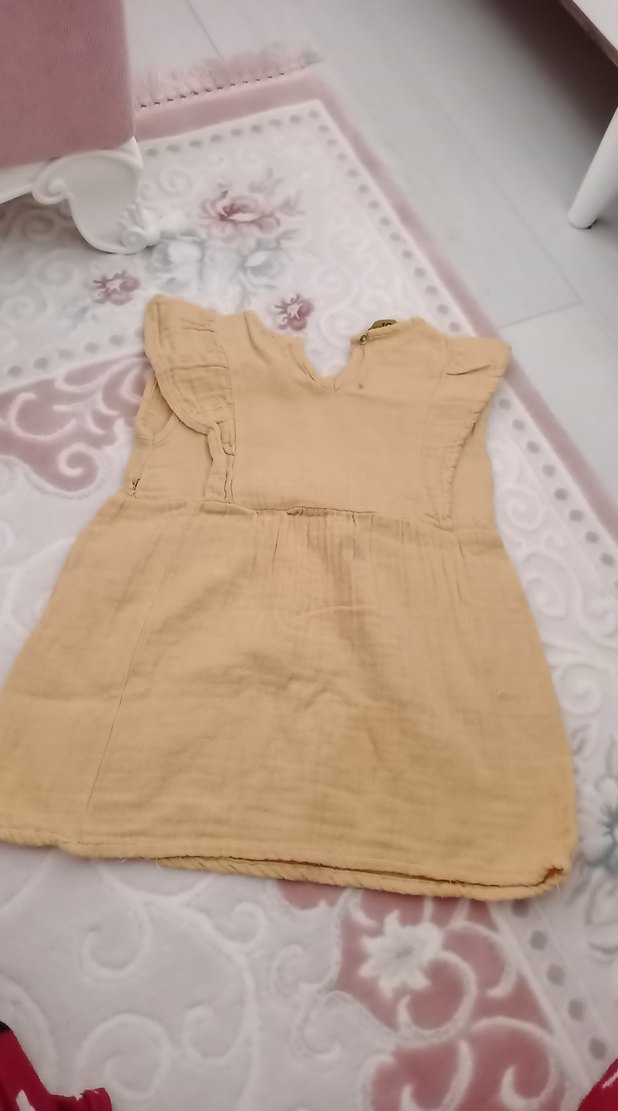 Kız Çocuk Keten Bej Düğmeli Elbise - Görsel 2