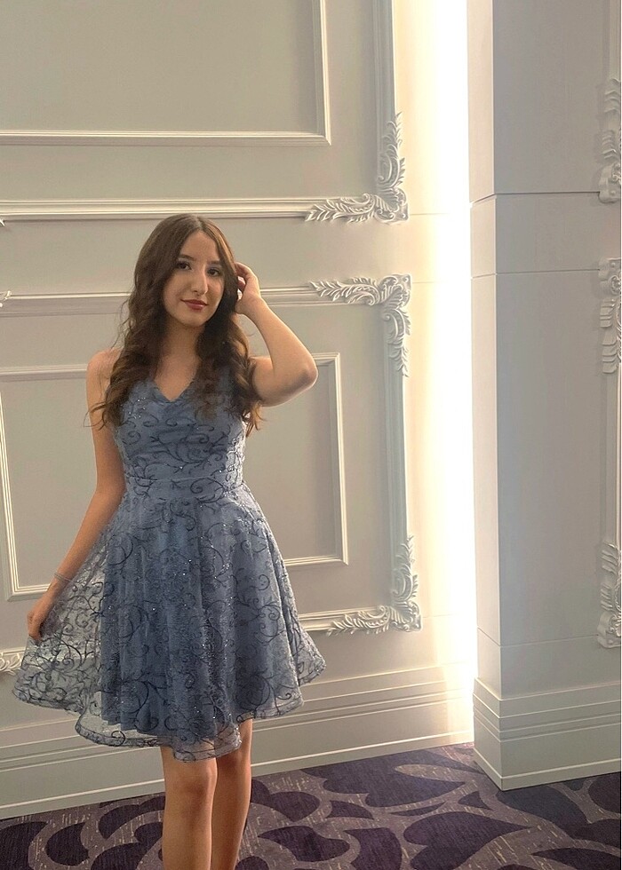 Mavi Desenli Elbise Abiye - Görsel 2