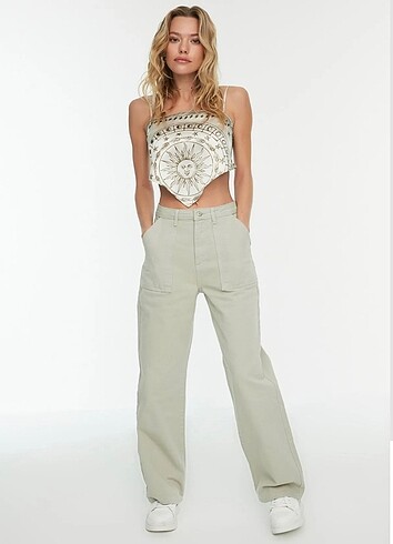 Taş cep detaylı yüksek bel Wide Leg Jeans