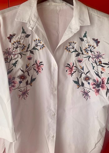 l Beden beyaz Renk Nakışlı Bohem Oversize Kadın Gömlek