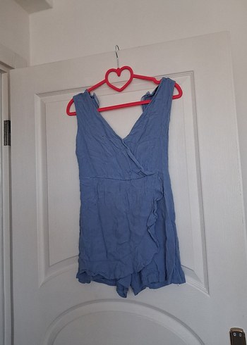 Kadın Mavi Keten Kısa Tulum V Yakalı - Görsel 2