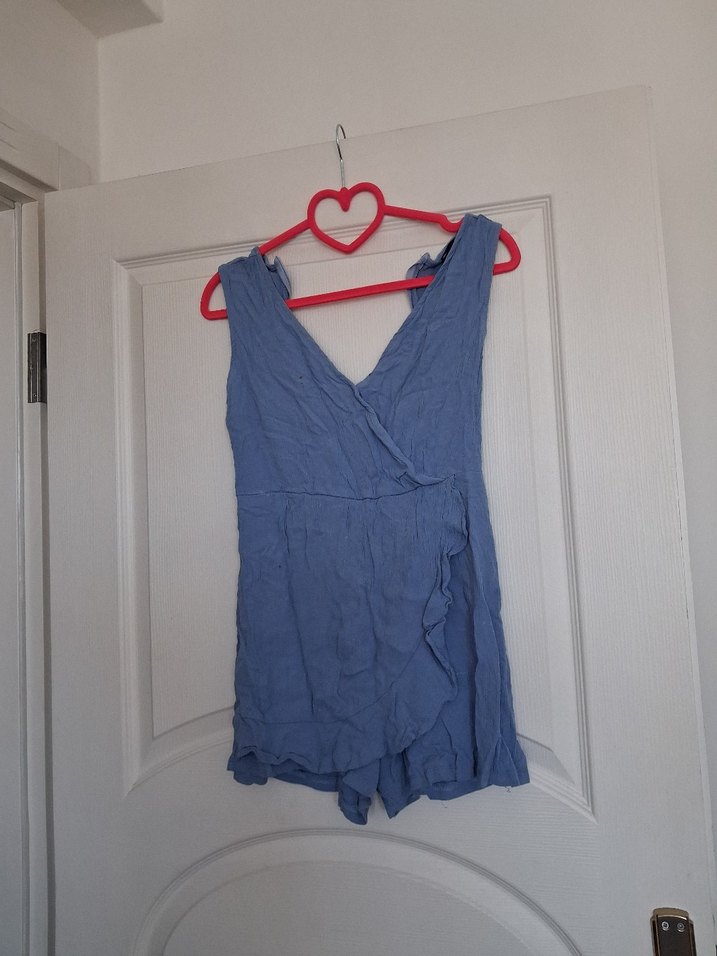 Kadın Mavi Keten Kısa Tulum V Yakalı - Görsel 2