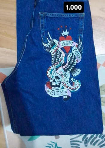 Renkli Baskılı Mavi Kot Pantolon