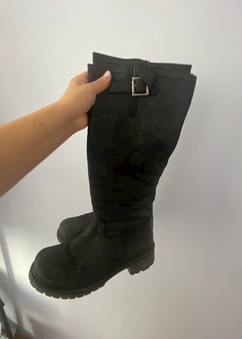 Greyder Tokalı Siyah Deri Dizüstü Çizme