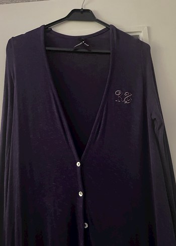 Düğmeli Uzun Kollu Mor triko Hırka - Görsel 2