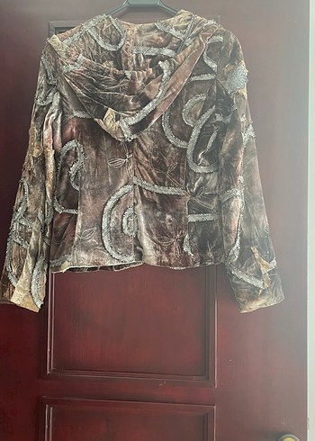 Kahverengi gri tonlarda kapüşonlu kadife Ceket - Görsel 3