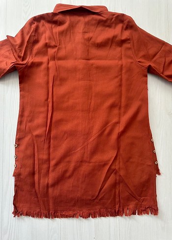 Düğmeli Kahverengi Keten Gömlek - Görsel 3