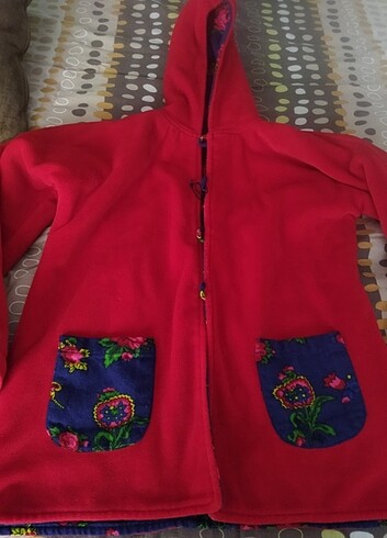 içi kırmızı polarlı çift taraflı çocuk pazen kaban - Görsel 3