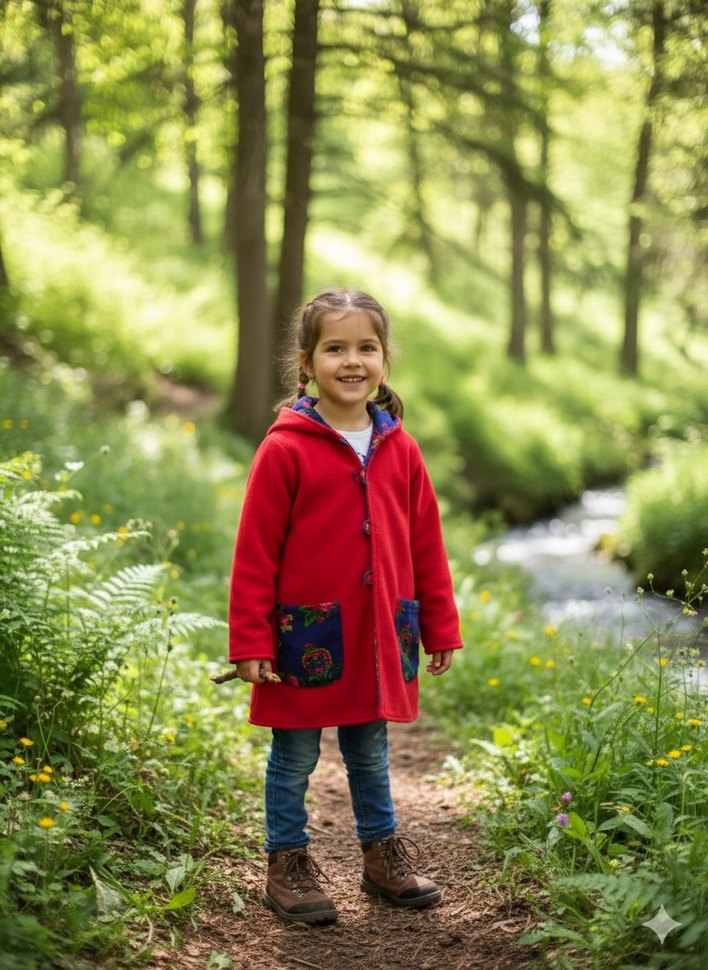 içi kırmızı polarlı çift taraflı çocuk pazen kaban - Görsel 2