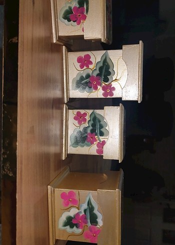 Altın Renkli ahsap Çiçek Desenli Makyaj Organizeri el boyaması - Görsel 4