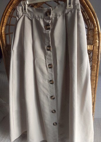 Düğmeli Bej Uzun Keten Etek - Görsel 2