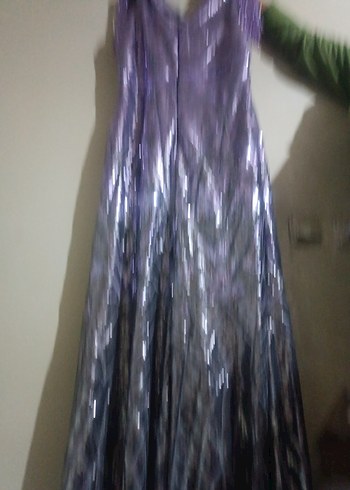 Parlak Mor Drapeli Uzun V-Yaka Abiye Elbise - Görsel 6