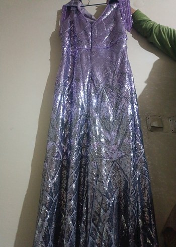 Parlak Mor Drapeli Uzun V-Yaka Abiye Elbise - Görsel 5