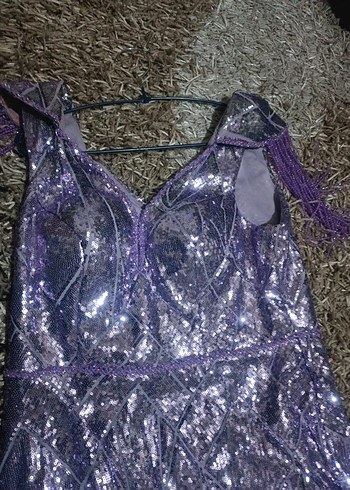 Parlak Mor Drapeli Uzun V-Yaka Abiye Elbise - Görsel 8