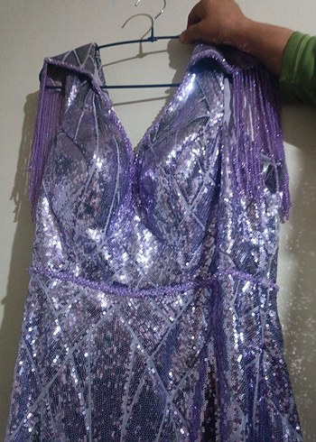 Parlak Mor Drapeli Uzun V-Yaka Abiye Elbise - Görsel 2