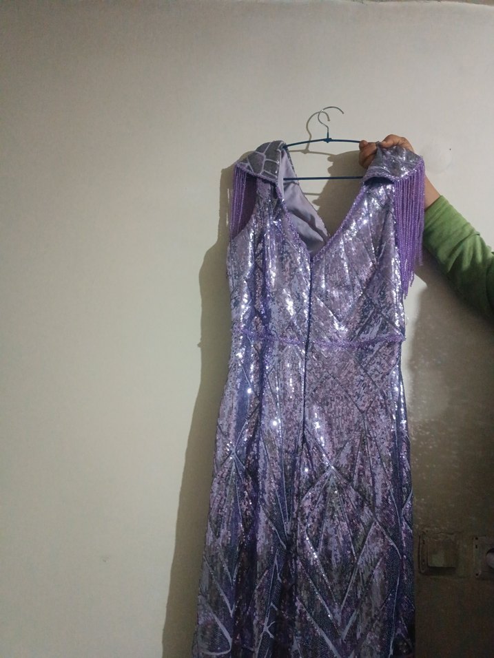 Parlak Mor Drapeli Uzun V-Yaka Abiye Elbise - Görsel 3