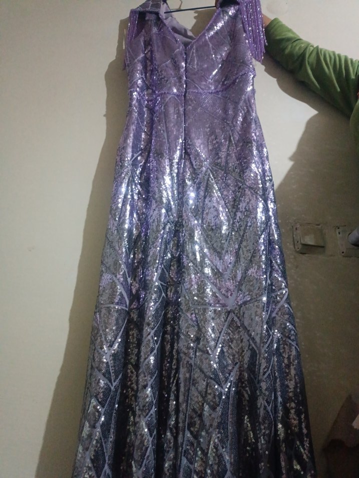 Parlak Mor Drapeli Uzun V-Yaka Abiye Elbise - Görsel 5