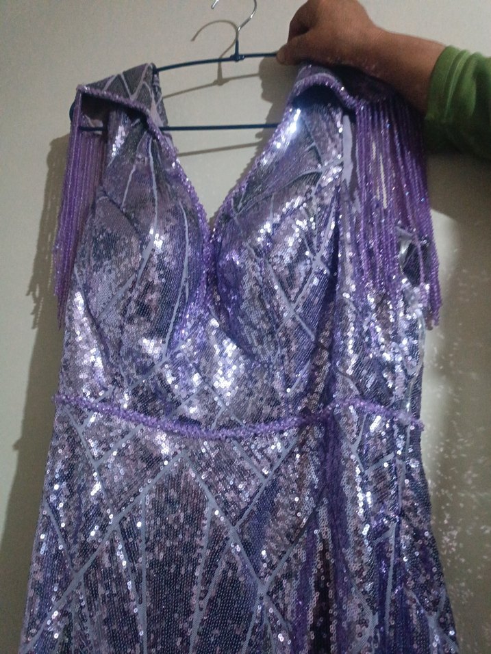 Parlak Mor Drapeli Uzun V-Yaka Abiye Elbise - Görsel 2