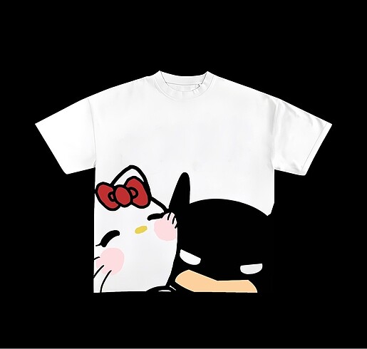 Beyaz Oversize Batman&Kitty Couple Tee