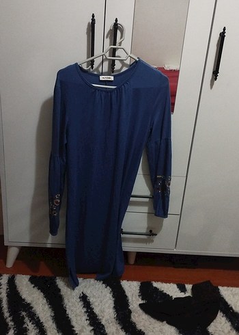 Nakışlı Mavi Uzun Kollu Bohem Tunik