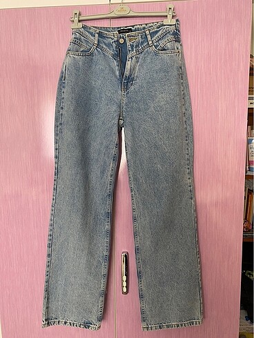 Mavi bel detaylı yüksek bel 90?s Wide Leg Jean