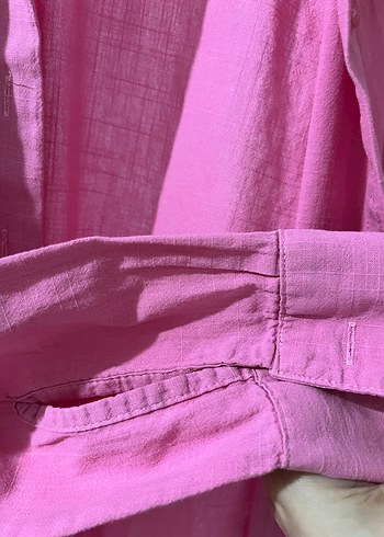 s Beden Düğmeli Pembe Keten Gömlek