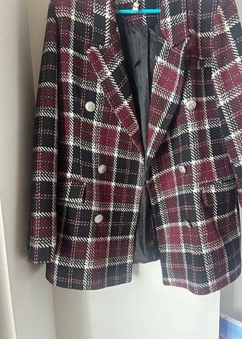 Bordo Ekose Düğmeli Kadın Blazer Ceket