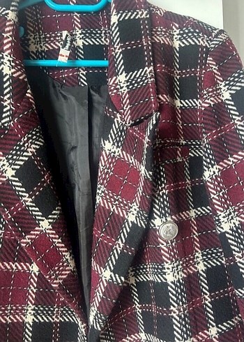 m Beden bordo Renk Bordo Ekose Düğmeli Kadın Blazer Ceket