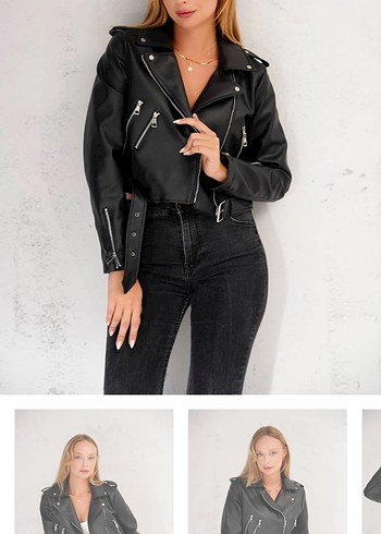 Kemerli Siyah Deri Biker Ceket - Görsel 2