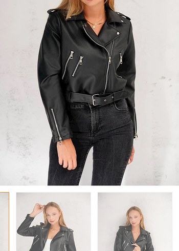 Kemerli Siyah Deri Biker Ceket - Görsel 3