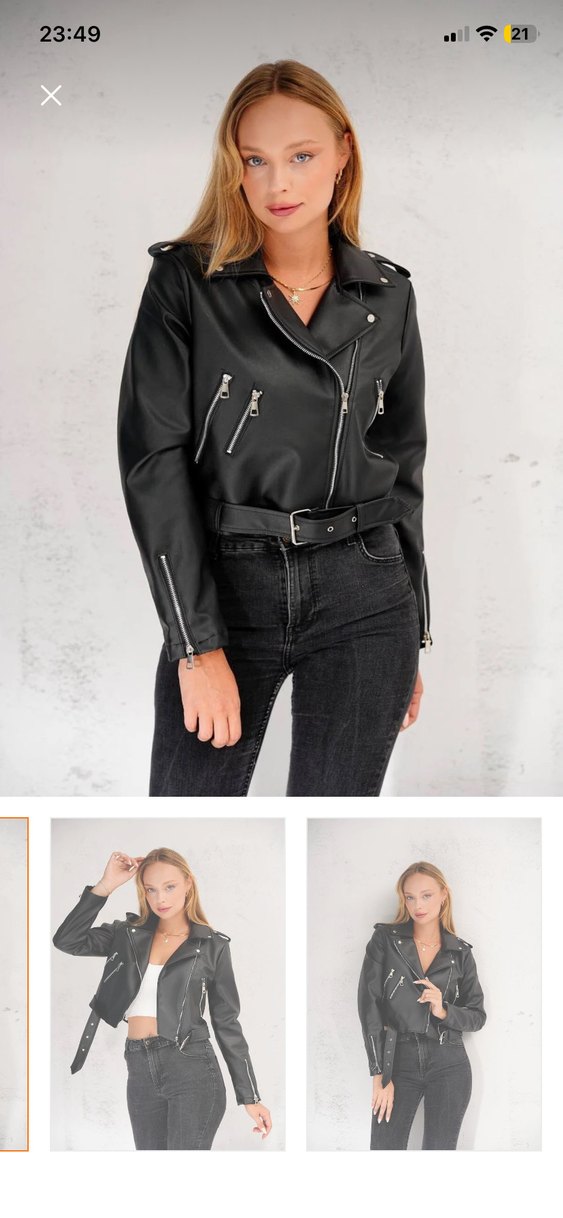 Kemerli Siyah Deri Biker Ceket - Görsel 3