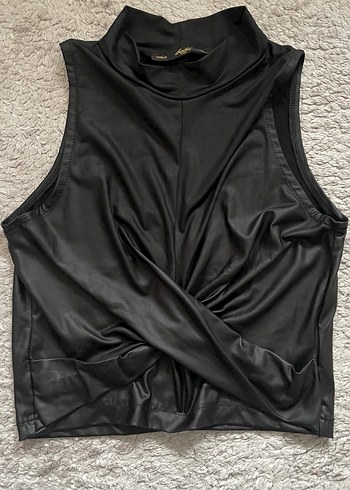 Drapeli Siyah Deri Yüksek Yaka Kolsuz Bluz - Görsel 2