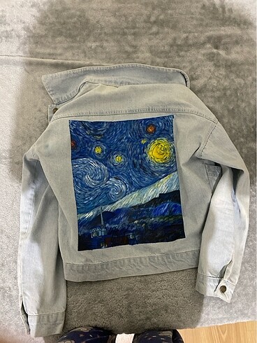 El emeği Van gogh yıldızlı gece tablolu kot ceket