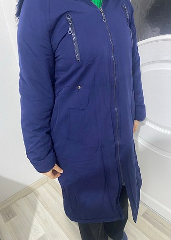 Lacivert Kapüşonlu Midi Kadın Mont - Görsel 3