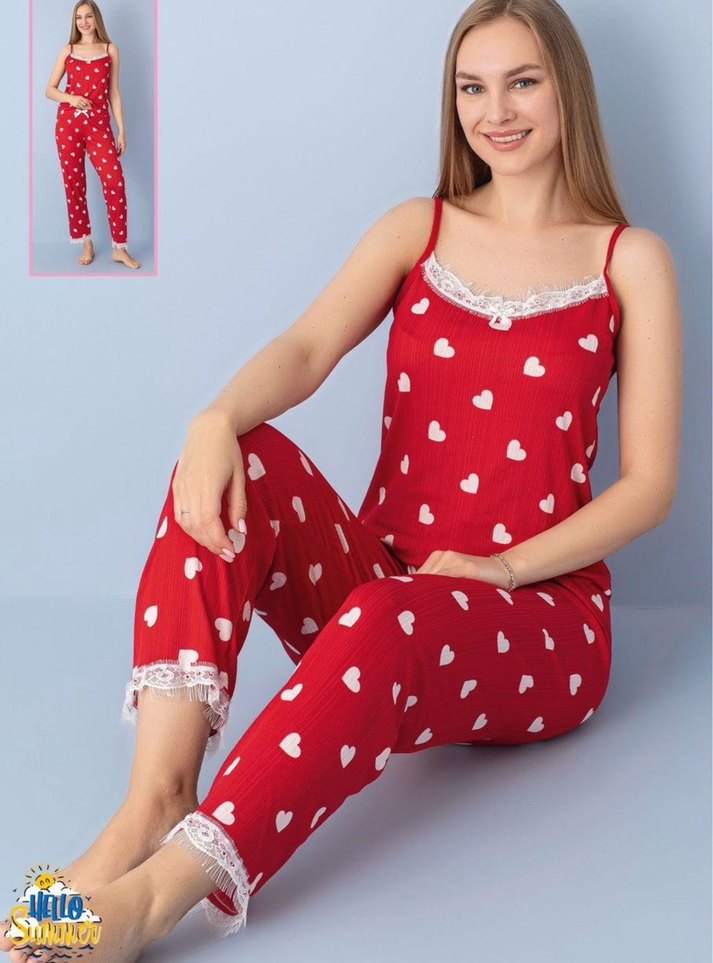 Kırmızı Renk,Beyaz Kalp Desenli İp Askılı Kadın Pijama Takımı - Görsel 2