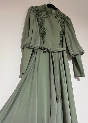 Nakışlı Uzun Kollu Haki Bohem Elbise - Görsel 3