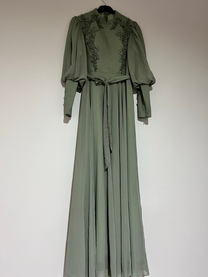 Nakışlı Uzun Kollu Haki Bohem Elbise - Görsel 2