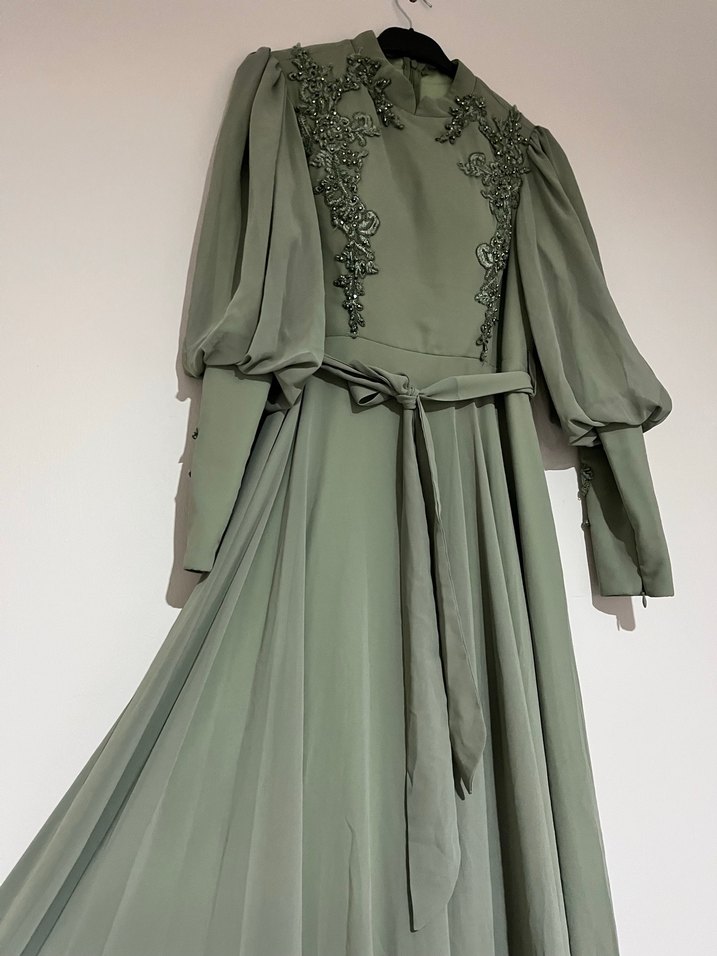 Nakışlı Uzun Kollu Haki Bohem Elbise - Görsel 3