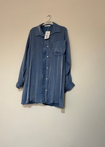 Düğmeli Mavi  Kadın Gömlek tunik - Görsel 2