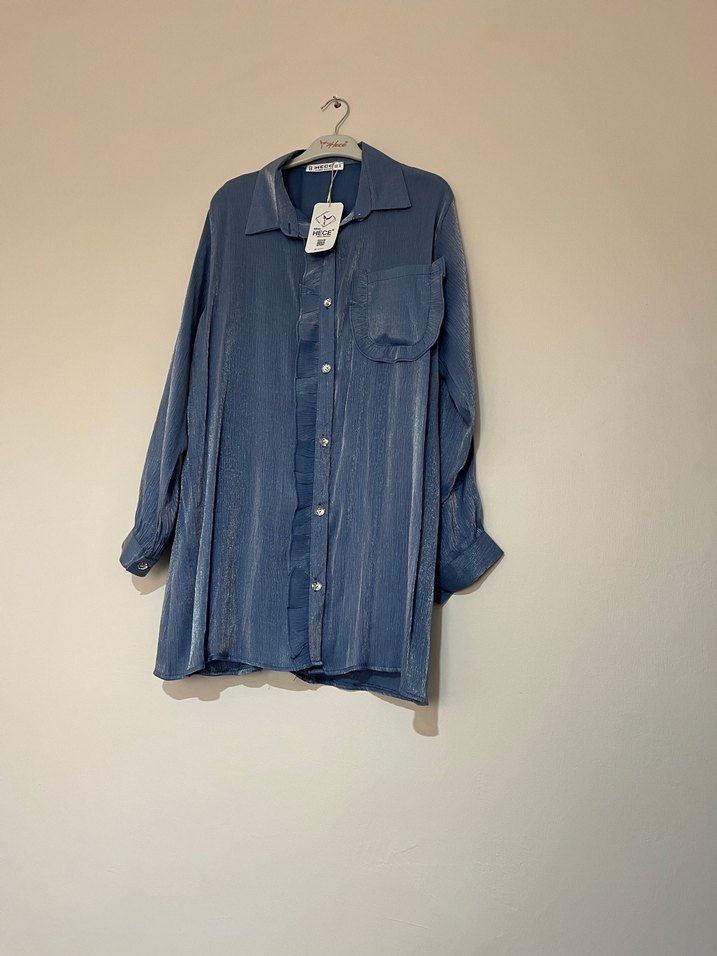 Düğmeli Mavi  Kadın Gömlek tunik - Görsel 2