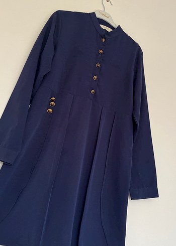 Düğmeli Lacivert Keten Uzun Kollu Tunik - Görsel 2